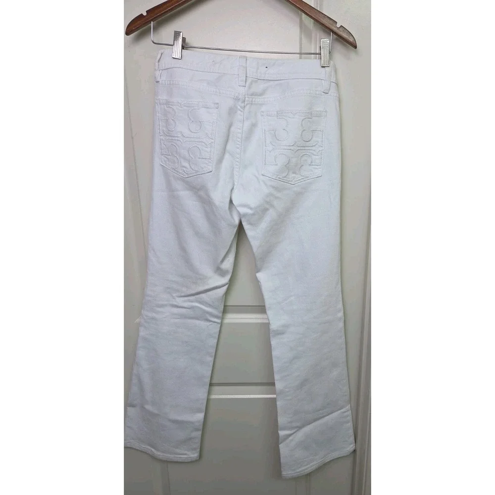 Tory Burch Classic Tory Boot Jeans Size 27 Logo Pocket Gold Button White Denim